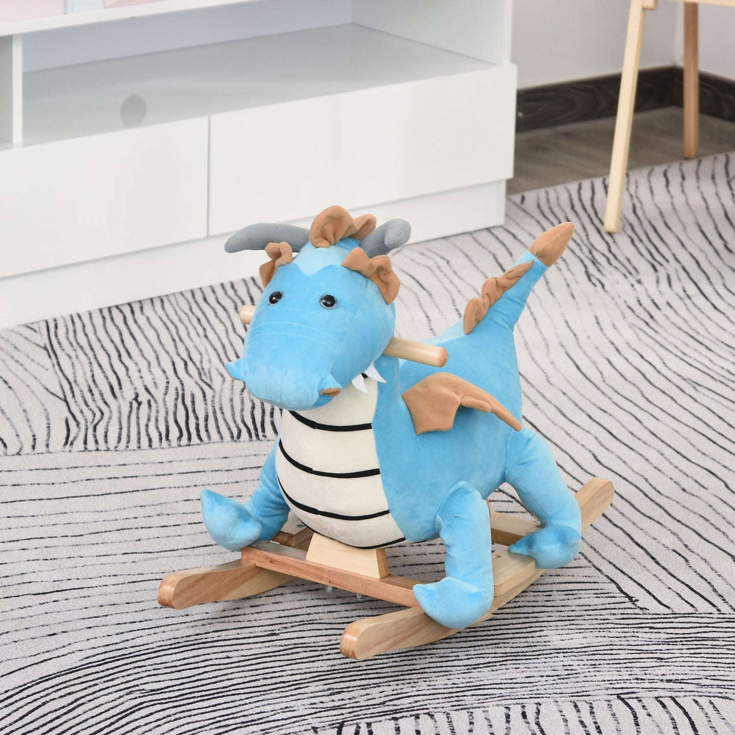 Wooden Dinosaur Rocking Horse, Realistic Sounds, Prehistoric Child Ride-On Toy, Blue, For 18-36 Months