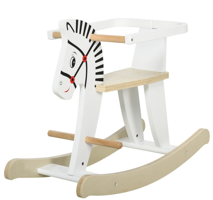 Wooden Rocking Horse, Classic Toddler Ride-On, Safe Traditional, White With Safety Bar, For 1-3 Years