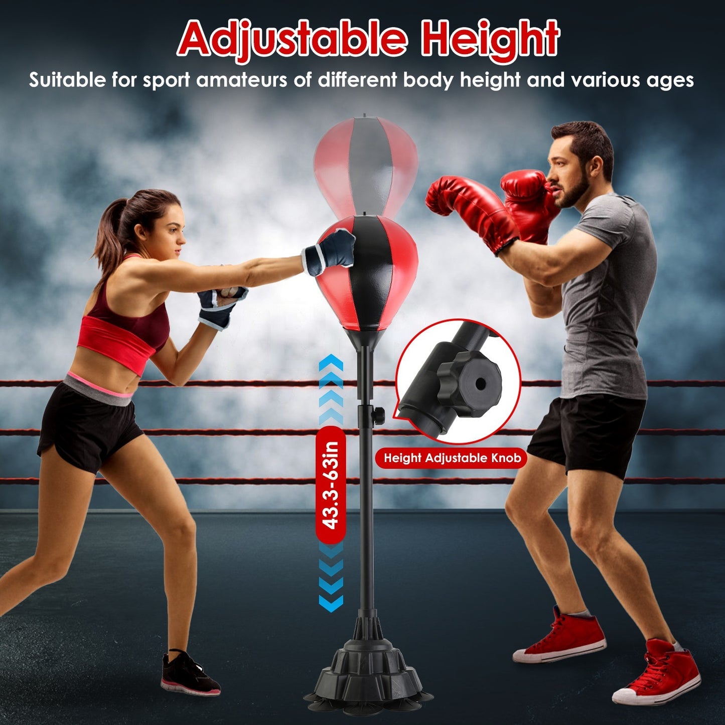 Punching Bag With Stand Free Standing Boxing Ball For Adults 43.3-63in Height Adjustable Boxing Bag With Gloves Wrist Sleeves Stable Suction Base For Fitness Speed Training