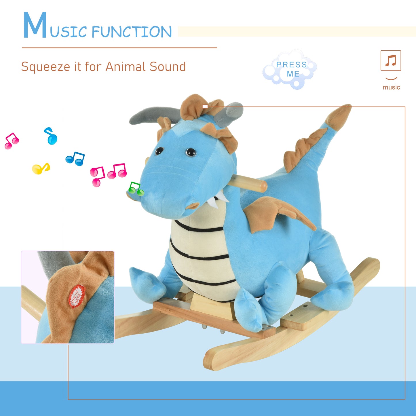 Wooden Dinosaur Rocking Horse, Realistic Sounds, Prehistoric Child Ride-On Toy, Blue, For 18-36 Months