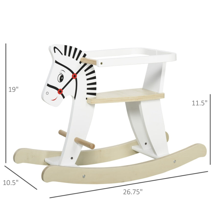 Wooden Rocking Horse, Classic Toddler Ride-On, Safe Traditional, White With Safety Bar, For 1-3 Years