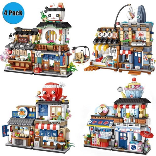 4 PACK BRICK BUILDING KIDS SET, 2969 PCS BUILDING BLOCK SET JAPAN STREET BUILDING PLAYSET GIFTS.