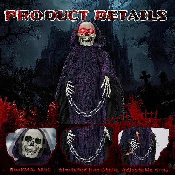 6ft Halloween Decorations Outdoor Life Size Animatronics Grim Reaper With Chain, Sound-Actived Party Decor With Creepy Sound , Scary Haunted House Props For Garden Yard Lawn