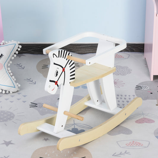 Wooden Rocking Horse, Classic Toddler Ride-On, Safe Traditional, White With Safety Bar, For 1-3 Years