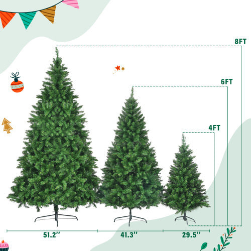 8FT, 6FT, 4FT Pre-Lit Green Pine Artificial Christmas Tree, Set Of 3 Hinged Xmas Trees With 820 Warm-Yellow LED Lights And 2539 Branch Tips, Holiday Decoration For Home,Office And Party