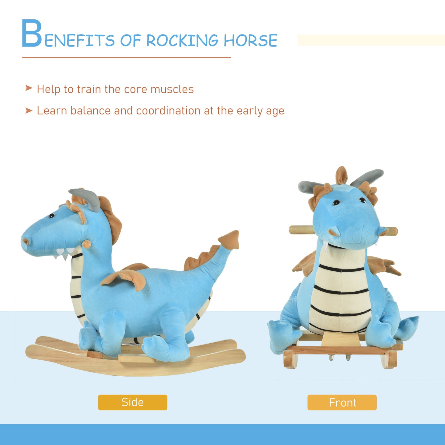 Wooden Dinosaur Rocking Horse, Realistic Sounds,  Prehistoric Child Ride-On Toy, Blue, For 18-36 Months