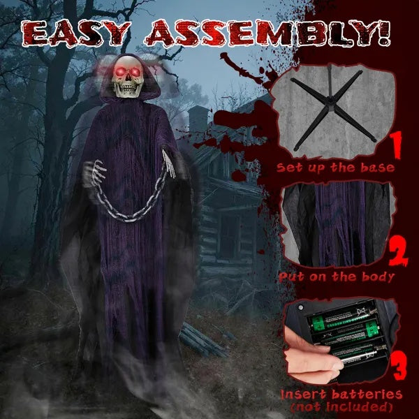 6ft Halloween Decorations Outdoor Life Size Animatronics Grim Reaper With Chain, Sound-Actived Party Decor With Creepy Sound , Scary Haunted House Props For Garden Yard Lawn