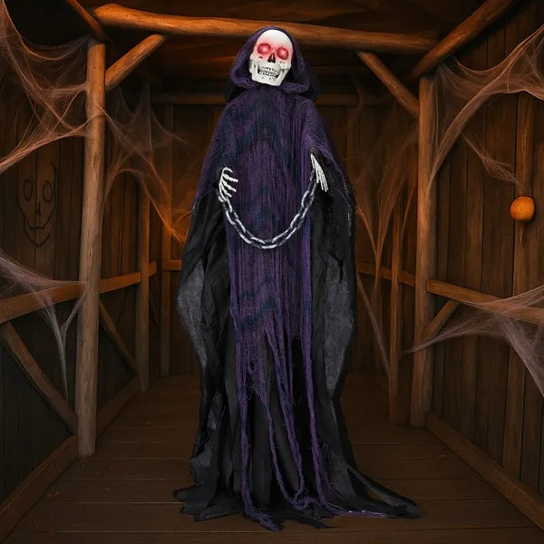 6ft Halloween Decorations Outdoor Life Size Animatronics Grim Reaper With Chain, Sound-Actived Party Decor With Creepy Sound , Scary Haunted House Props For Garden Yard Lawn