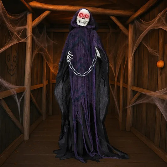 6ft Halloween Decorations Outdoor Life Size Animatronics Grim Reaper With Chain, Sound-Actived Party Decor With Creepy Sound , Scary Haunted House Props For Garden Yard Lawn