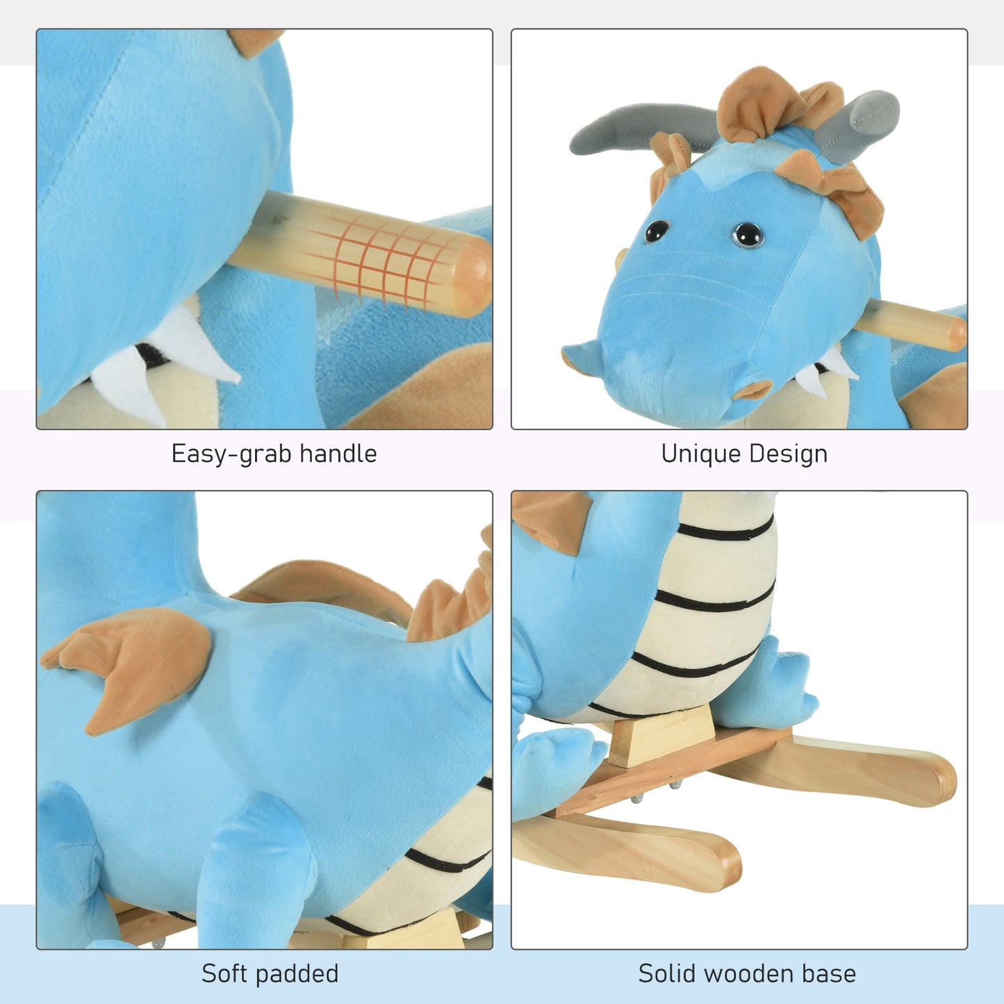 Wooden Dinosaur Rocking Horse, Realistic Sounds,  Prehistoric Child Ride-On Toy, Blue, For 18-36 Months