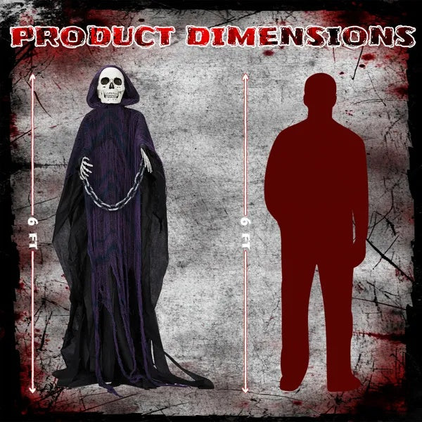 6ft Halloween Decorations Outdoor Life Size Animatronics Grim Reaper With Chain, Sound-Actived Party Decor With Creepy Sound , Scary Haunted House Props For Garden Yard Lawn